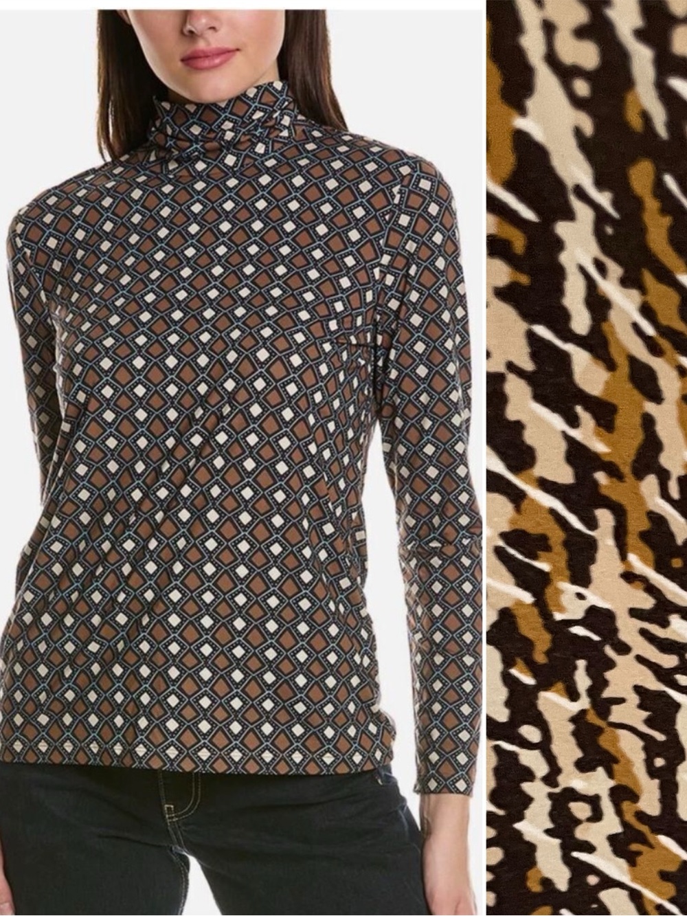 J. Mclaughlin Nora Top Brown Abstract Print Womens Turtleneck Office Casual sk13